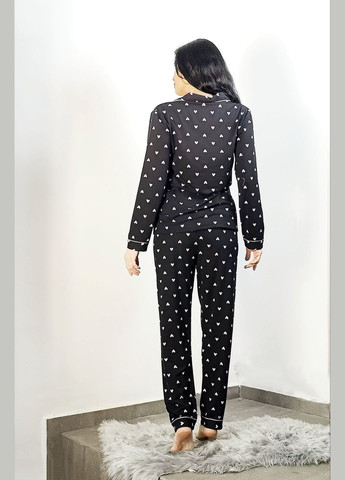 Черная всесезон женская пижама со штанами и рубашкой в сердечка рубашка + брюки Saimeiqi
