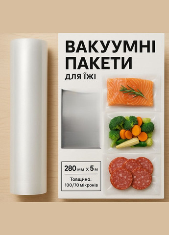 Набір пакетів для вакууматора 3 рулона 28 см × 5 м для зберігання м’яса, риби, овочів No Brand (347640936)