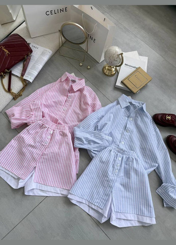 Льняний літній костюм двійка у смужку у блакитному кольорі No Brand 585-1 (338537754)