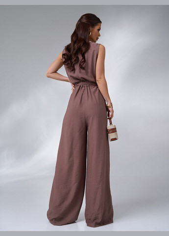 Стильный комбинезон из текстурированного льна No Brand комбинезон-брюки коричневый праздничный, коктейльный, деловой, повседневный, кэжуал, вечерний лен