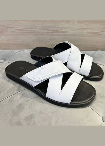 Белые повседневные шлепанцы мужские белые кожаные на липучке. Safari