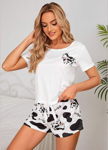 Чорно-біла всесезон жіночий піжамний комплект з принтом корівки стильна піжама 2 в 1 для сну і відпочинку набір з футболкою і шортами футболка + шорти Cindylove