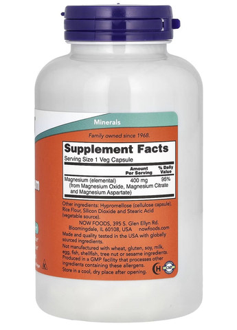 Капсули з магнієм, 400 мг, 180 капсул (з цитрату магнію, аспартату магнію, оксиду магнію) Now Foods (333194317)