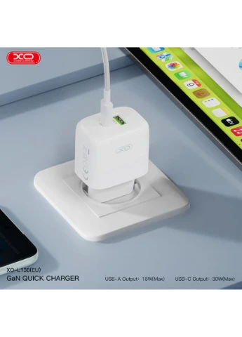 Мережевий зарядний пристрій L138 PD30W/QC18W 1USB-A+1USB-C білий XO (397341662)