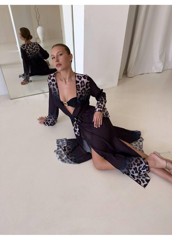 Женская шифоновая легкая леопардовая туника длинная / Женский прозрачный шифоновый халат-туника с поясом No Brand (369369750)