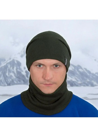 Мужской зимний комплект вязаная шапка с флисовой подкладкой + бафф-снуд хаки, тёплый набор One Size No Brand (363052221)