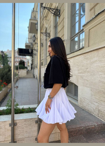 Белая повседневная однотонная женская юбка мини с шортами Україна клешированная-солнце