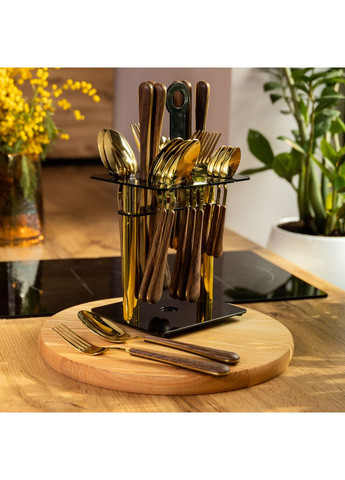 Набір столових приборів на 6 персон з дерев'яними ручками на підставці столові прибори 24 шт Золото HP-20-2 (A-033699) Yiwu (352274558)