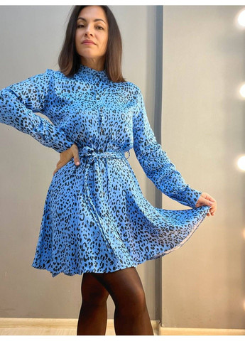 Синее платье женское 4219 леопардовый принт короткое на пуговицах есть ремень MIX RAY леопардовый