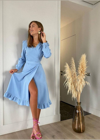 Блакитна святковий, коктейльна, ділова, повсякденний, кежуал, джинсова, вечірня сукня жіноча на запах Україна однотонна