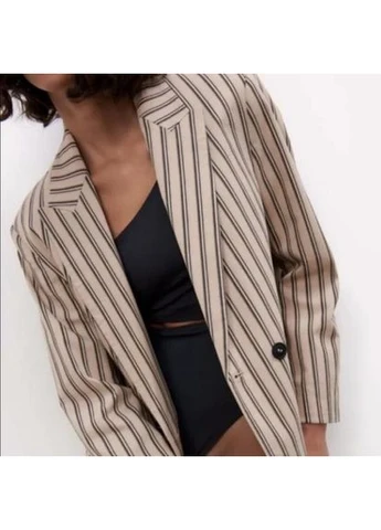 Жіночий піджак у смужку, бежевий з темно-зеленим, розмір XS (Oversize) Zara (386195401)