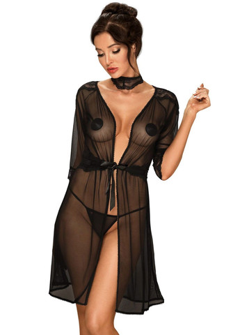 Чорний демісезонний халатик з аксесуарами lucita peignoir Obsessive