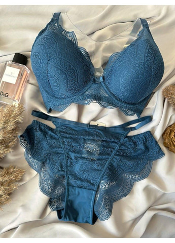 Синий комплект бюстгальтер push-up + кружевные трусики 2297d синий Weiyesi