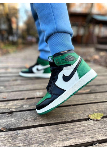 Серые демисезонные кроссовки мужские nike air jordan 1 retro high black white green найк аир джордан No Brand