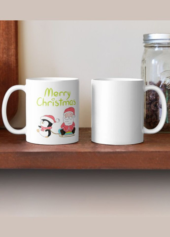 Чашка Керамічна Кружка з принтом Merry Christmas Пінгвін та Санта Клаус Біла 330 мл Orca (307501398)