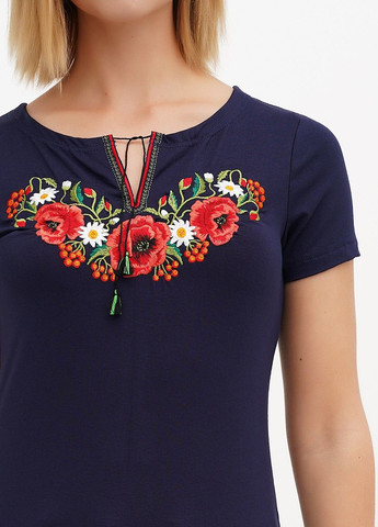 Темно-синя жіноча вишита футболка маковий цвіт, синя Lesia (335077557)