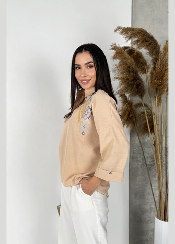 Бежева неймовірно гарна блуза-вишиванка вільного крою INNOE візерунок українська символіка вільна льон (299760405)