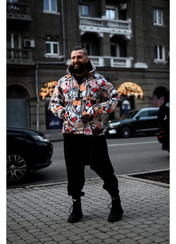 Комбинированная демисезонная яркий разноцветный утепленный мужской анорак с мультяшным принтом. No Brand