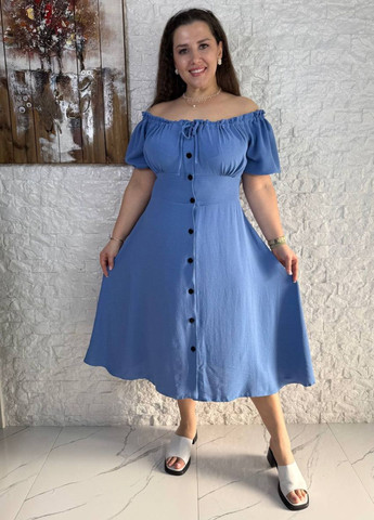 Синее повседневный изысканное легкое летнее повседневное меди платье на пуговицах с короткими рукавами фонарик Tik-Tak однотонное