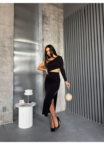 Чорна святковий, вечірня елегантна облягаюча сукня на одне плече з розрізом Vakko однотонна