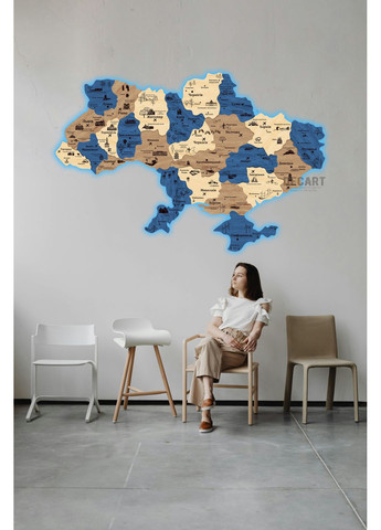 Дерев'яне панно Карта України блакитна морилка з підсвічуванням 100х66 см Decart (360608880)