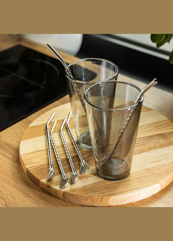 Набор многоразовых ложек-трубочек 6 шт для напитков 19.5 см с щеткой для мытья из нержавеющей стали Yiwu (353304521)