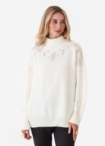 Молочный женский свободный свитер с ажурным вязанным узором. SVTR