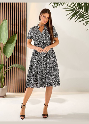 Черное повседневный платье на пуговицах клеш Nobilitas с цветочным принтом