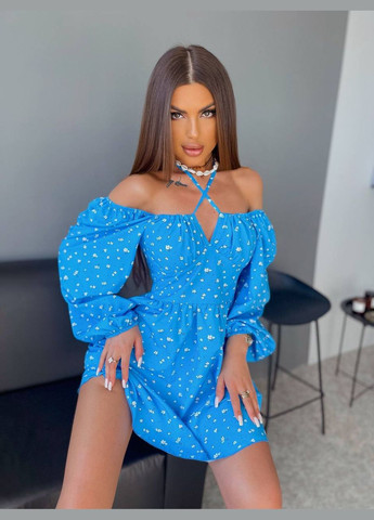 Голубое праздничный платья No Brand с цветочным принтом