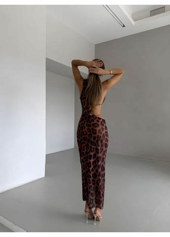 Коричневий літній жіночий літній леопардовий роздільний купальник трійка із сукнею парео No Brand