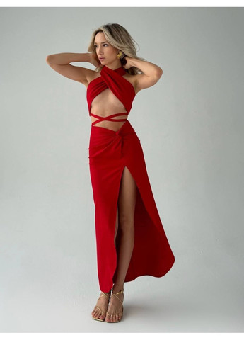 Червона кежуал жіночий комплект із відкритим топом та спідницею No Brand однотонна