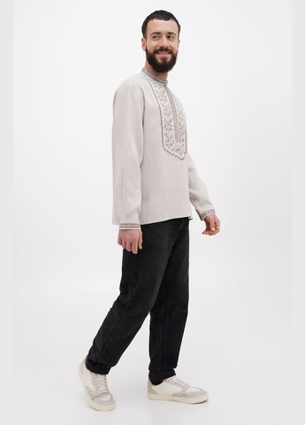 Серая льняная мужская вышиванка с дубовыми листьями и воротником-стойкой славко. песочный, р.60, код 9424/60/883 ГАЛЕРЕЯ ЛЬОНУ лен (333164727)