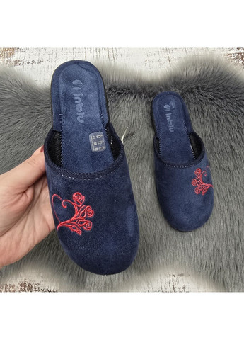 Тапочки домашні жіночі сині велюрові з вишивкою на тонкій підошві Inblu (370091714)