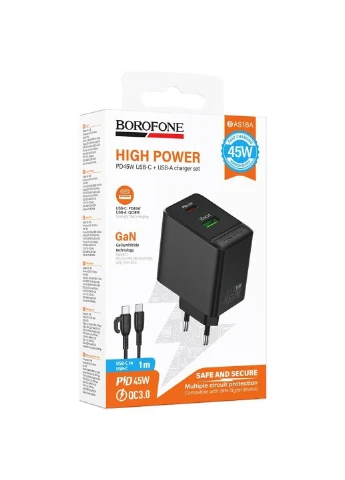 СЗУ BAS16A Erudite PD45W+QC3.0 (1USB-A/1C) + кабель Type-C to Type-C Borofone (389073345)
