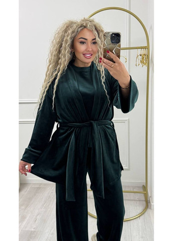 Смарагдова комплект домашній велюровий штани, футболка і халат No Brand