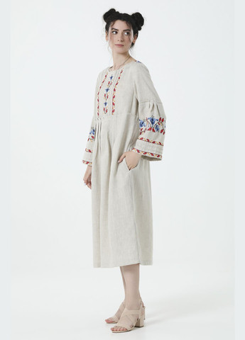 Сіра довга вільна жіноча сукня-вишиванка з льону з рослинним орнаментом світлозара., р., код 0469/54/0779 ГАЛЕРЕЯ ЛЬОНУ