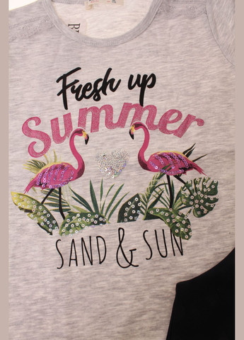 Сірий літній футболка + капрі 14397 сірий меланжевий і темно синій Breeze