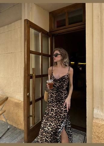 Коричнева повсякденний, кежуал, коктейльна, вечірня жіноча сукня сукня-комбінація FINO Mode леопардовий