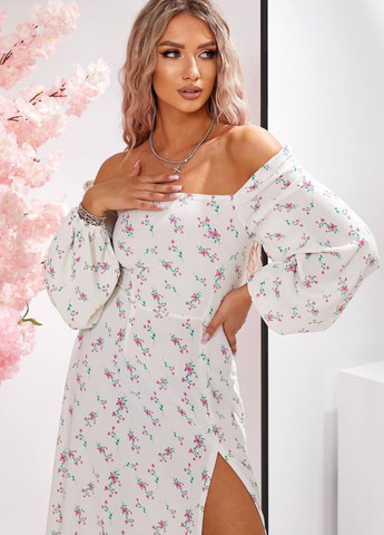 Светло-розовое повседневный платье-миди с открытой спинкой на шнуровке с открытыми плечами Україна с цветочным принтом