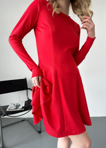 Червона повсякденний сукня міні з довгим рукавом та круглим коміром Tik-Tak однотонна