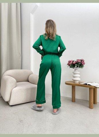 Зеленая всесезон шелковая пижама рубашка + брюки No Brand