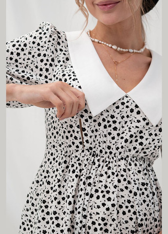 Молочна сукня для вагітних і годуючих з комірцем молочна з чорними квітками Юла мама