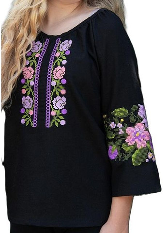 Чорна стильна вишиванка для дівчинки "нічна квітка" візерунок квітковий льон (331605917)