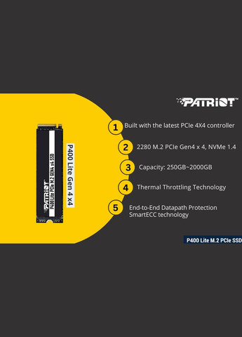 Накопичувач SSD 2TB P400 Lite M.2 2280 PCIe NVMe 4.0 x4 3D TLC (P400LP2KGM28H) Patriot (336954725)