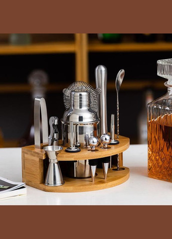 Набір для бару для приготування коктейлів з дерев'яною підставкою 750 мл 12 предметів Сріблястий (C051212) Bar (342122445)