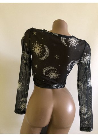 Чёрная женский прозрачный сеточный топ лонгслив блузка с принтом (арт.100115) No Brand