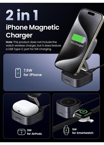 Бездротовий магнітний зарядний пристрій W526 MagSafe Qi 20 Вт для декількох пристроїв портативний супермагнетизм Ugreen (365860090)