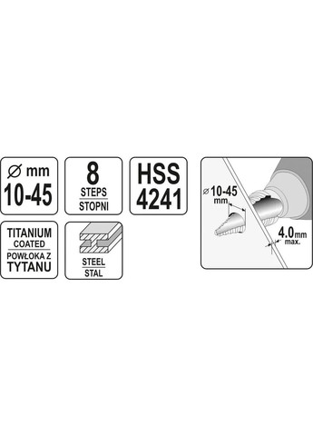 Сверло по металлу конусное ступенчатое HSS 4241 10-45 мм 100/75 мм YT-44742 YATO (365330232)
