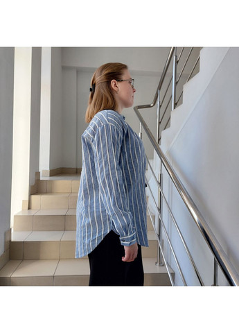 Голубая рубашка женская лён в полоску на пуговицах с длинным рукавом s голубая No Brand
