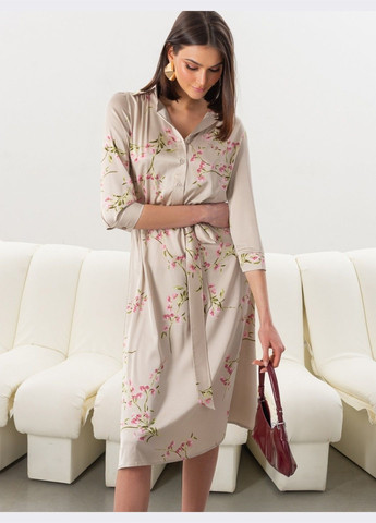 Бежевое кэжуал бежевое платье-рубашка в цветочный принт с поясом Dressa с цветочным принтом